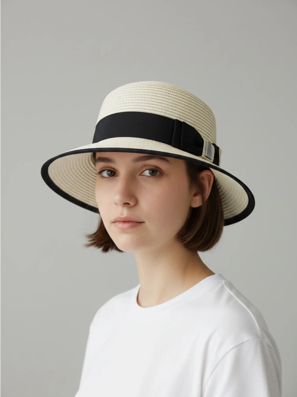 Cream Straw Sun Hat with Black Band and Trim
